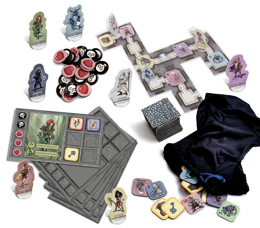 В игре 7 персонажей со своими фигурками и карточками, 5 планшетов инвентаря, жетоны подземелья, здоровья, чудовищ и сундуков, еще есть 2 кубика для сражения с монстрами и жетон проклятья. Все элементы игры сделаны из плотного картона, а планшетах инвентаря сделаны углубления под жетоны